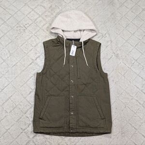 BKE Vest Jacket Mens M Green Olive Hooded Puffer Quilted Cotton Snap NEW